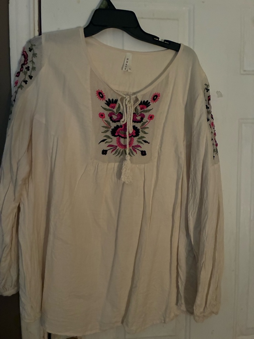 Cream Embroidered Peasant Blouse with Pink Floral Accents Roper 2x women
